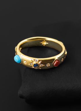 罗马风彩石戒指女指环彩色宝石食指戒部落风简约气质银潮