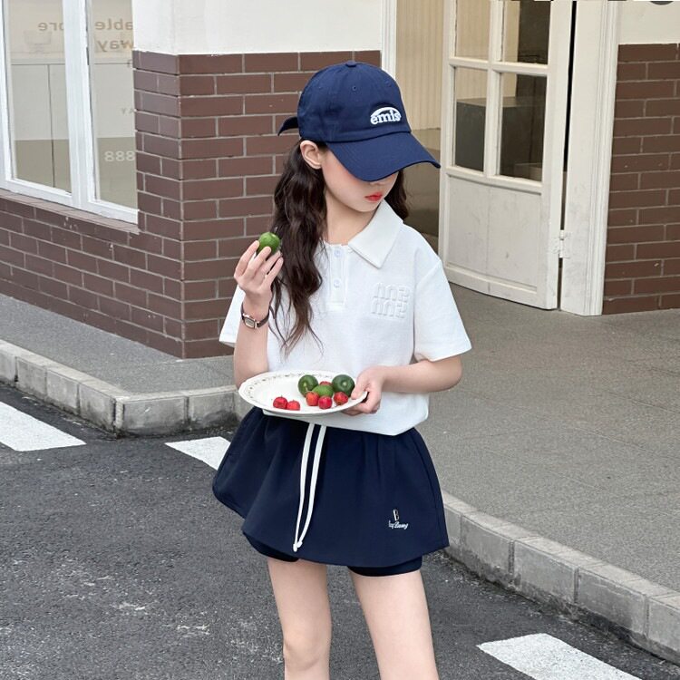 女童字母运动套装2026年夏季新款中大童polo衫短袖裙裤热裤两件套