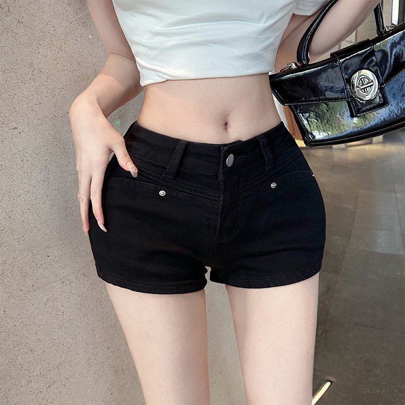 Chill巧儿 黑白色中低腰丰垮紧身牛仔短裤女修身显瘦包臀热裤