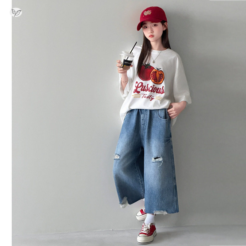 夏季时尚女童薄款破洞九分裤套装夏装初中生大童女孩时髦两件套潮