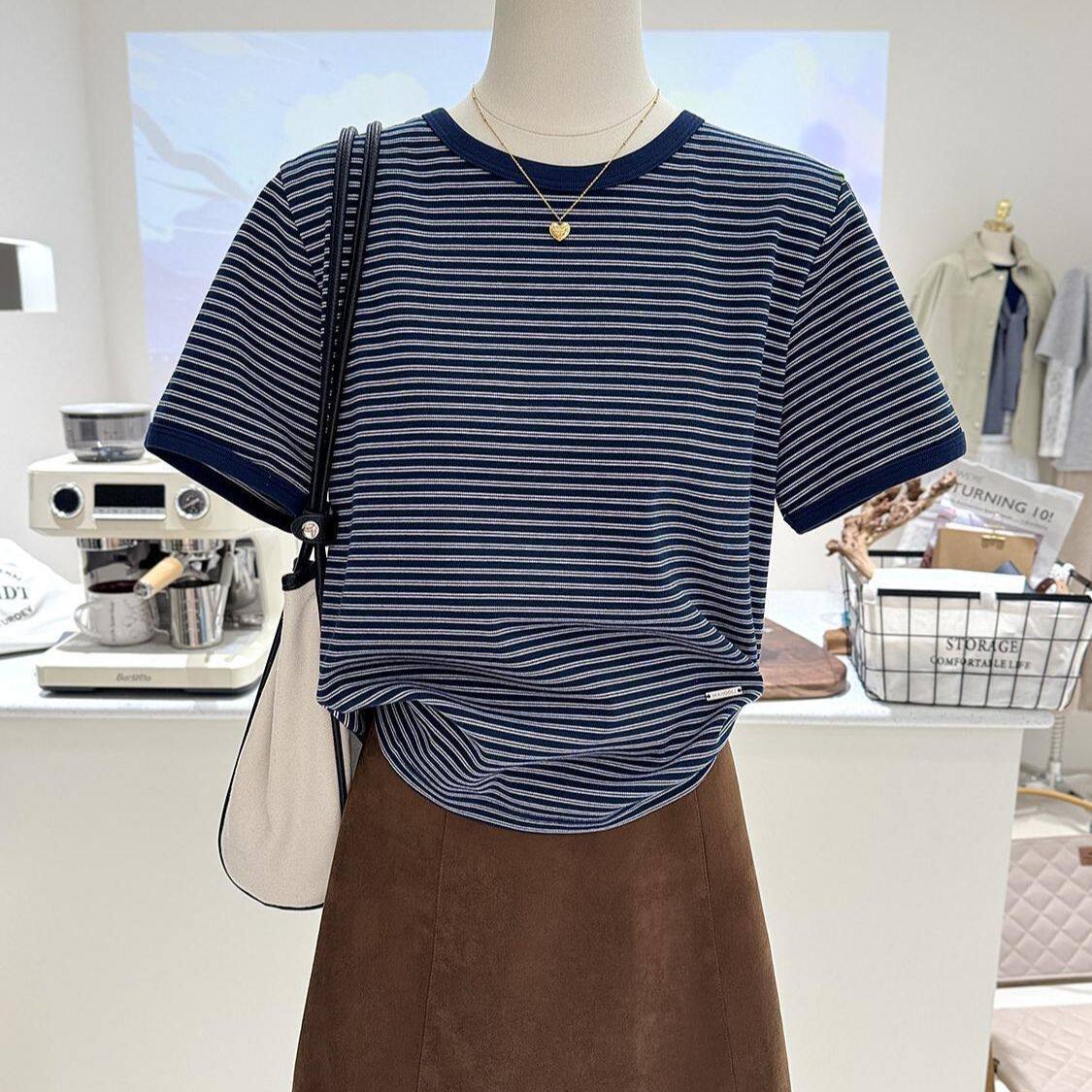 胖mm特大码设计感条纹撞色短袖T恤女夏季新款宽松显瘦百搭上衣服