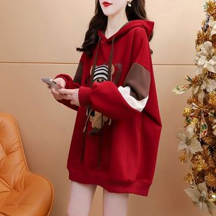 宽松洋气连帽外套 设计感小熊印花卫衣女春秋薄款 胖mm2 300斤大码