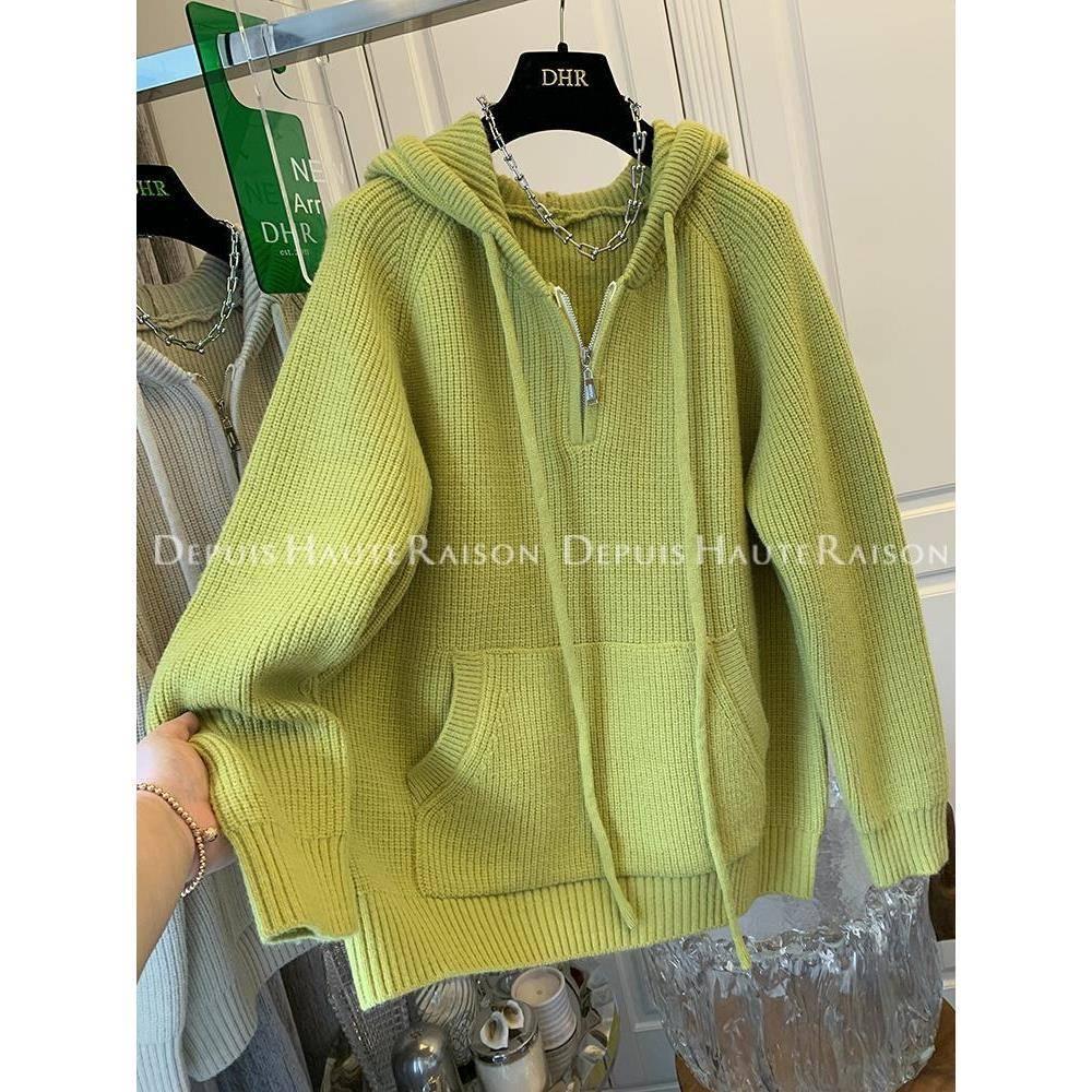 大码设计感半拉链连帽毛衣女外套