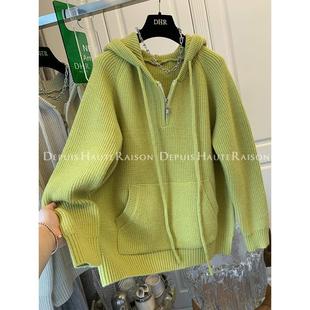 2-300斤大码设计感半拉链连帽毛衣女秋冬胖mm宽松慵懒风针织外套