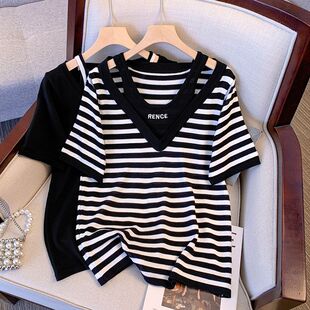 宽松遮肚子显瘦假两件上衣 T恤女春夏爆款 胖MM特大码 韩系条纹短袖