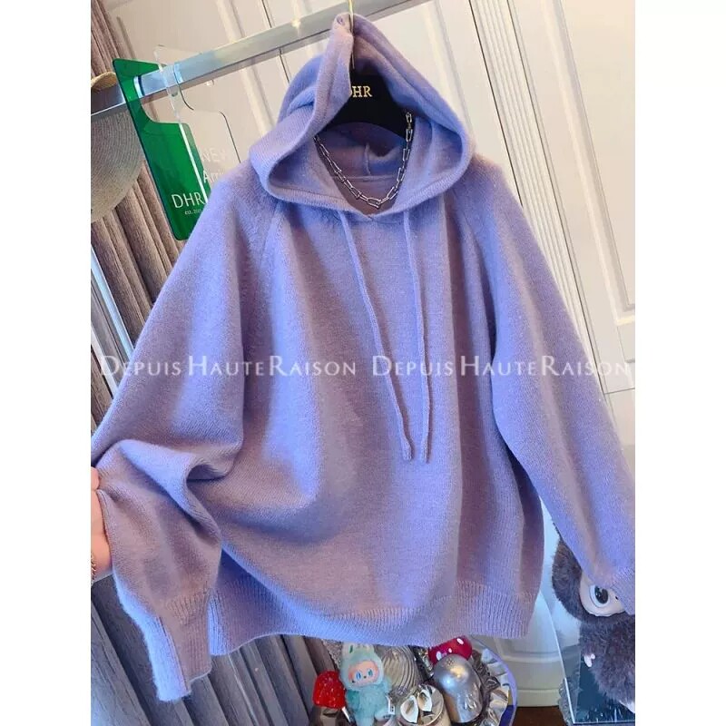 大码软糯紫色连帽针织衫女秋冬