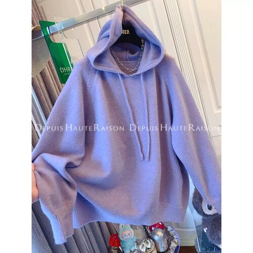 大码软糯紫色连帽针织衫女秋冬