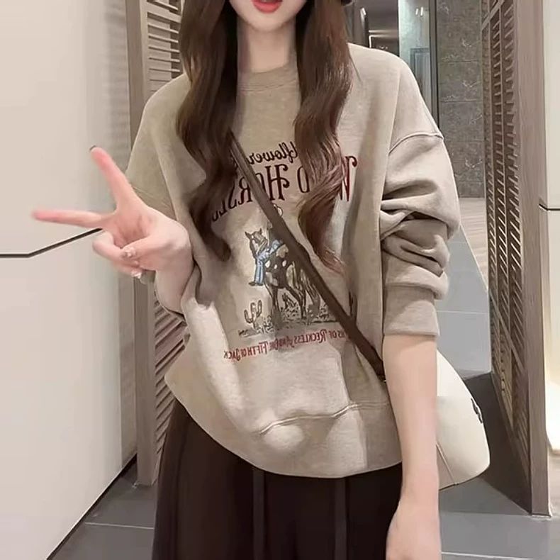 300斤大码复古印花圆领卫衣女冬