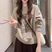 300斤大码 复古印花圆领卫衣女秋冬加绒胖mm宽松显瘦减龄上衣潮