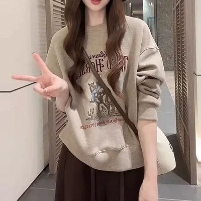 300斤大码复古印花圆领卫衣女冬