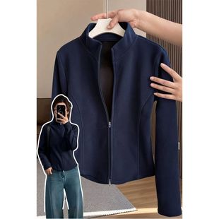 胖mm大码德绒保暖内搭卫衣女秋冬加绒加厚双拉链修身立领运动外套