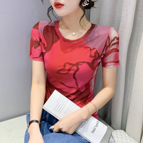 欧货网纱印花短袖t恤女