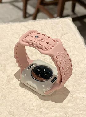 适用苹果applewatch S11花边玫瑰浮雕运动硅胶表带iwatch1098代SE