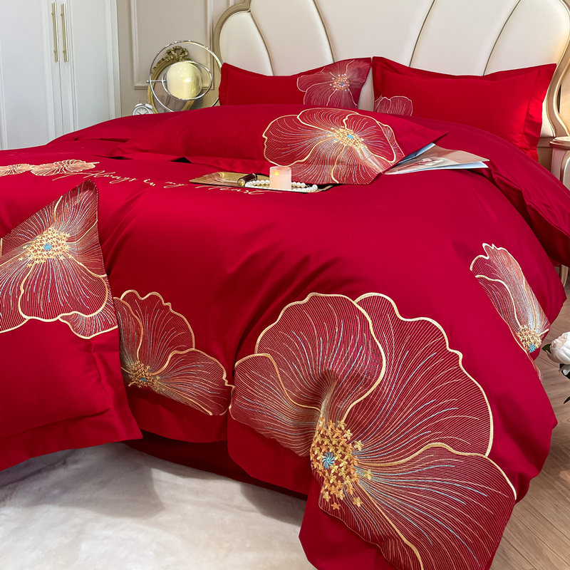 140支全棉结婚四件套纯棉100红色刺绣被套床单床上用品新婚庆陪嫁
