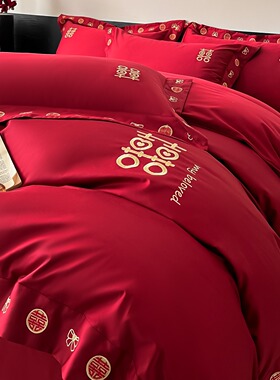 中式100支长绒棉婚庆红色四件套纯棉全棉刺绣喜被套结婚床上用品4