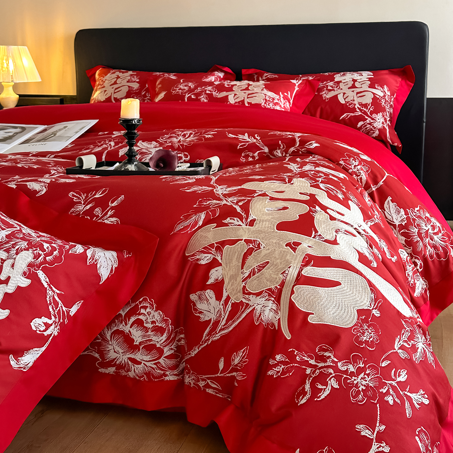 高档中式大双喜刺绣结婚四件套红色印花被套备婚床单婚庆床上用品