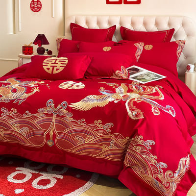 高档喜庆结婚床上用品四件套大红色龙凤刺绣被套床单纯棉喜被婚庆