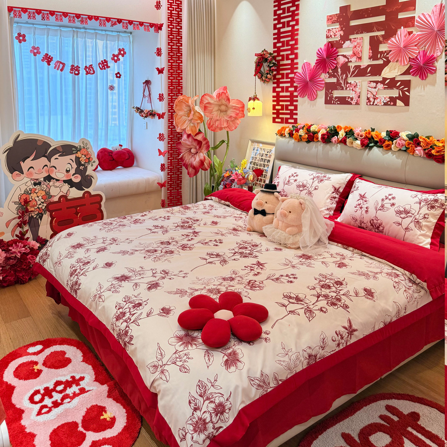 高级感简约结婚四件套红色喜被纯棉印花被套婚庆陪嫁婚房床品备婚
