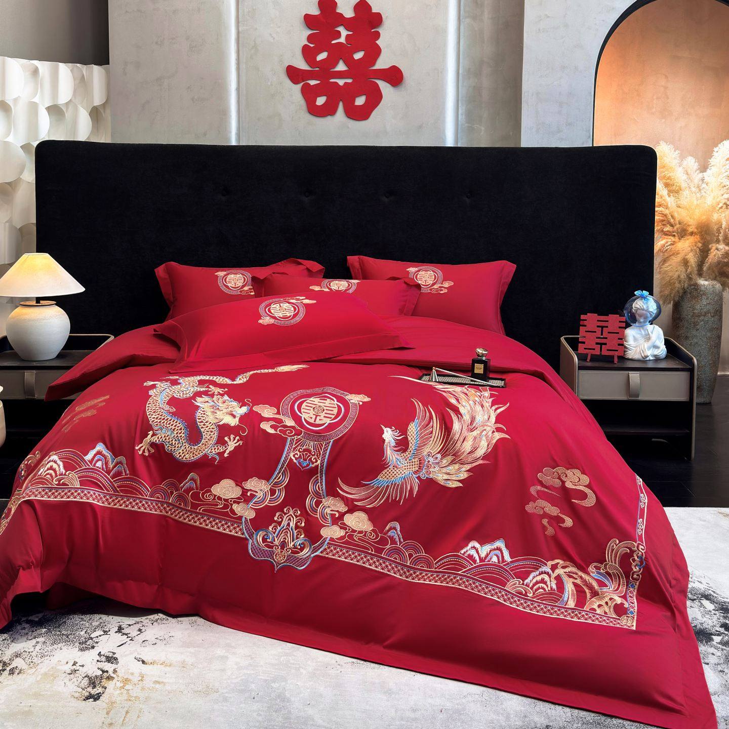 高档龙凤刺绣婚庆四件套大红色纯棉被套喜被婚嫁床的结婚床上用品