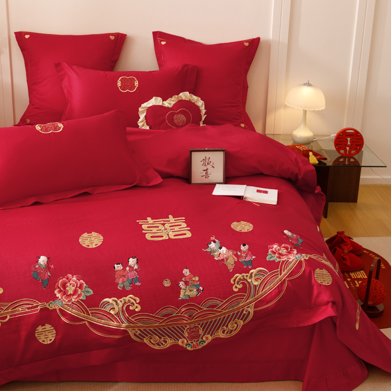 龙凤双喜百子刺绣纯棉婚庆四件套大红被套结婚喜被床上用品六件套
