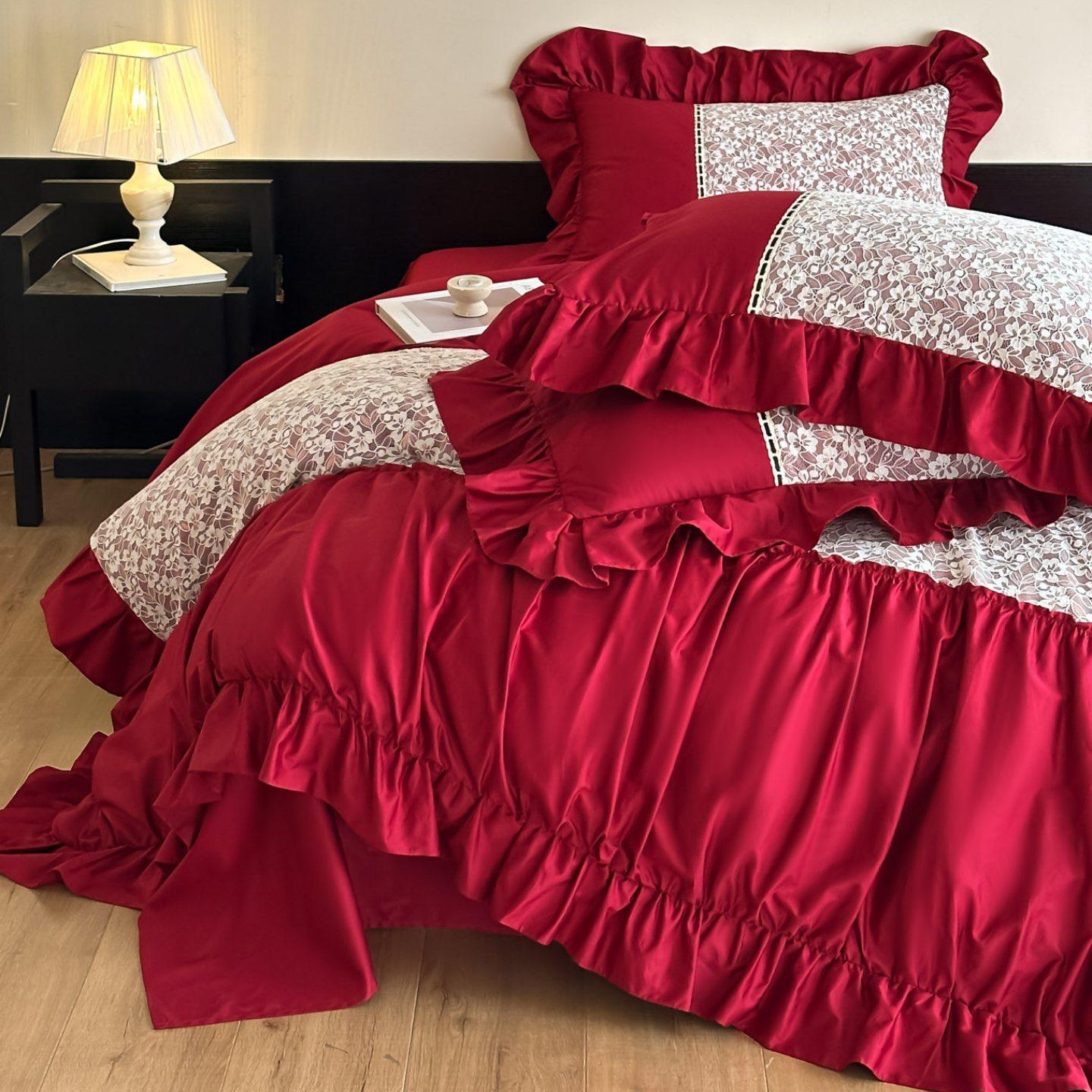 法式复古红色100S结婚四件套新房喜庆被套纯棉柔软新婚庆床上用品,床上用品,婚庆床品套件,淘宝优惠券,粉丝福利购,淘宝优惠卷