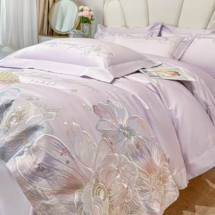 高级感轻奢A类纯棉四件套花卉刺绣被套床单笠超软裸睡主卧室床品4