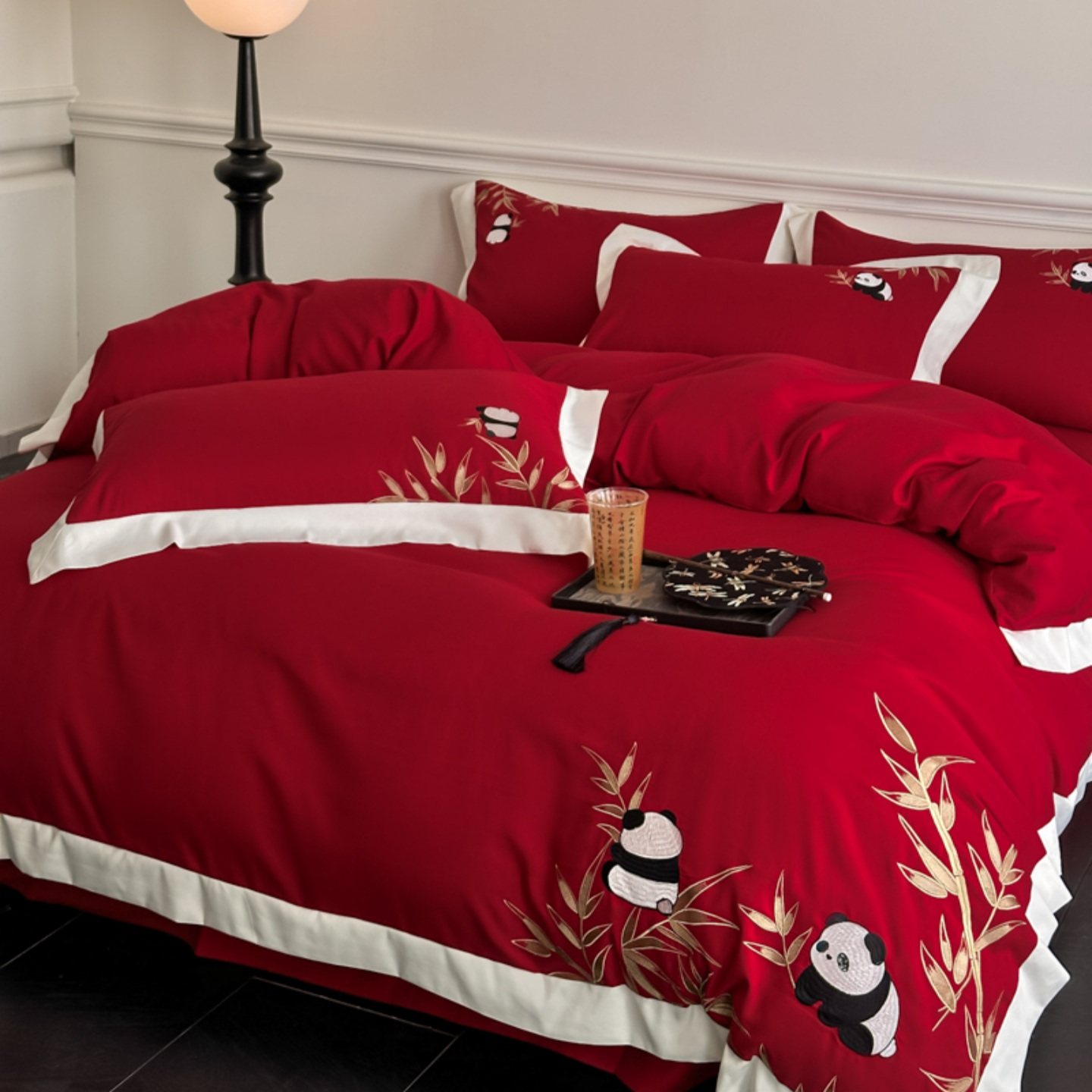 新中式国风结婚四件套红色竹叶熊猫刺绣被套纯棉婚庆喜被床上用品,床上用品,婚庆床品套件,淘宝优惠券,粉丝福利购,淘宝优惠卷