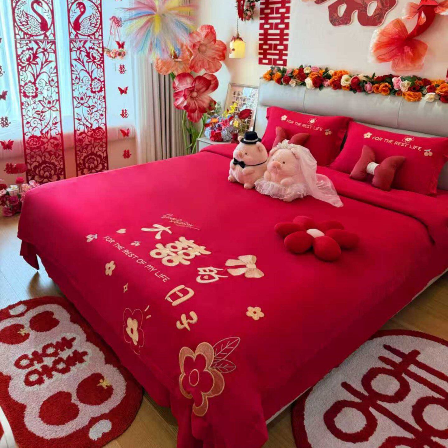 高档中式结婚四件套红色喜被新婚庆纯棉被套陪嫁床上用品婚房婚嫁