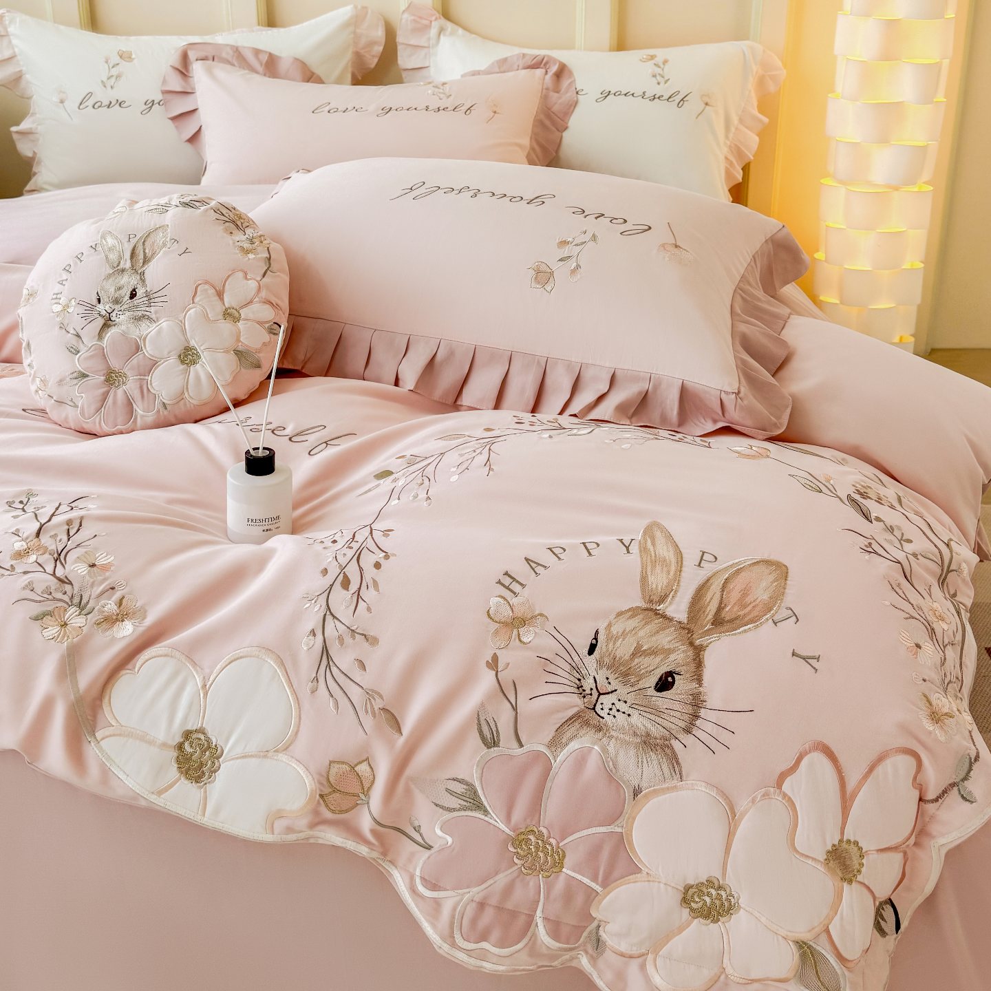 卡通少女心A类长绒棉磨毛四件套秋冬公主风刺绣纯棉被套全棉床品4