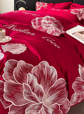 高档结婚四件套婚庆纯棉床单被套红色喜被新婚陪嫁喜庆婚床上用品