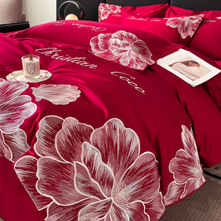高档结婚四件套婚庆纯棉床单被套红色喜被新婚陪嫁喜庆婚床上用品