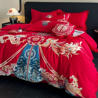 高档婚庆四件套结婚2025新款红色纯棉龙凤被套高级感喜被床上用品