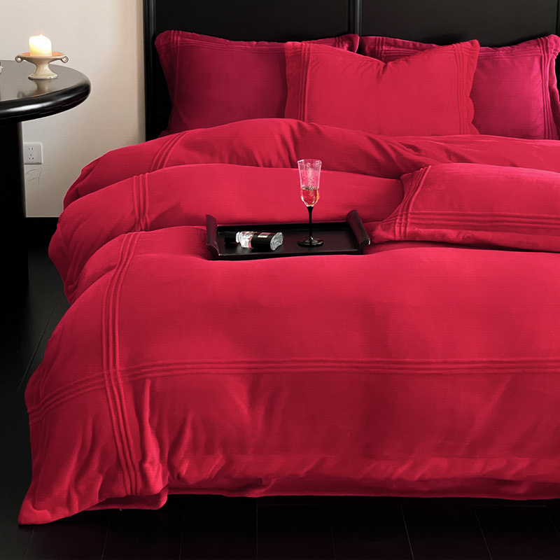 A类牛奶绒大红婚庆结婚四件套