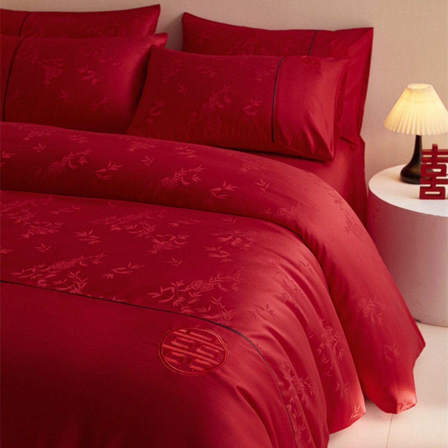 高档婚庆四件套结婚提花被套陪嫁新婚房简约红色喜被床上用品备婚