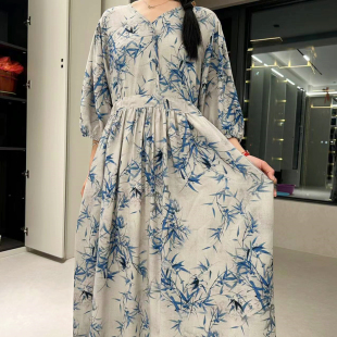 人造棉印花裙子薄款 新款 大码 时尚 沙滩长裙子 气质棉绸连衣裙女夏季