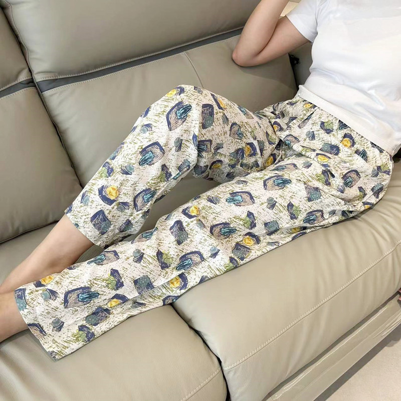 夏季新款棉绸睡裤女高腰沙滩裤人造棉外穿防蚊裤大码家居空调长裤