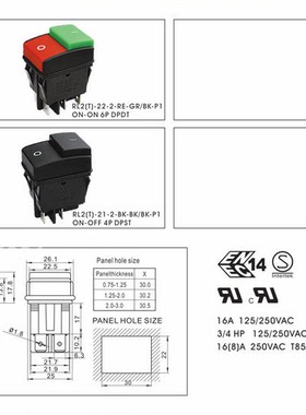 按钮开关RLEIL双排按钮方形开关RL2(T)清洗机电动工具专用16A电流