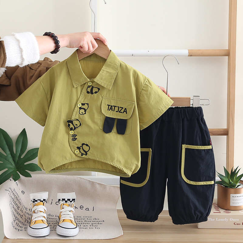 儿童夏装男宝宝夏季套装小童洋气短袖衬衫中裤两件套婴儿纽扣衣服