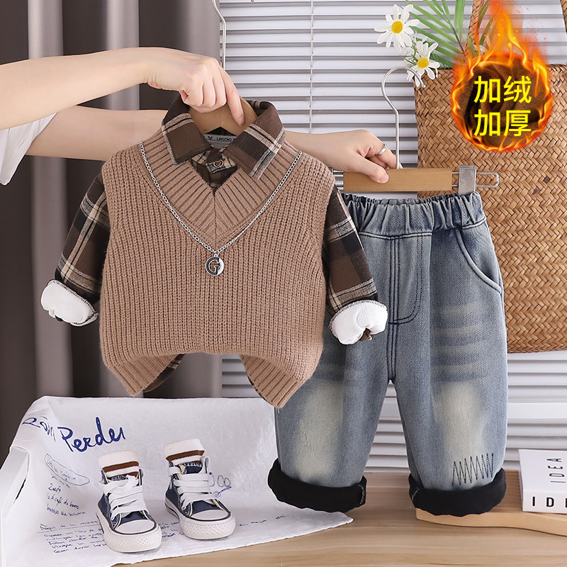 男童冬装1-3岁宝宝加绒套装小童洋气加厚毛衣马甲三件套婴儿衣服4