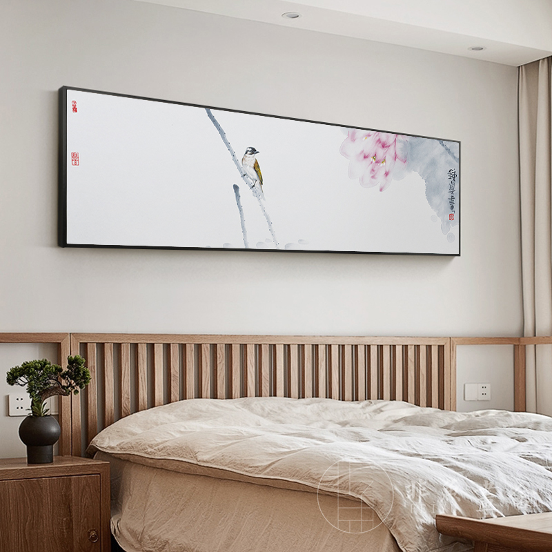 新中式卧室床头荷花鸟装饰画现代客厅横幅挂画名家美容院会所壁画图片