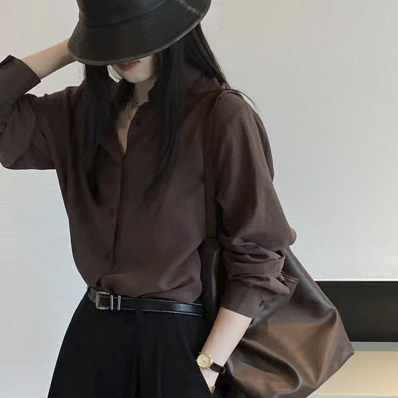 高品气质抗皱天丝棉衬衫女长袖通勤叠穿宽松韩版衬衣春秋新款百搭