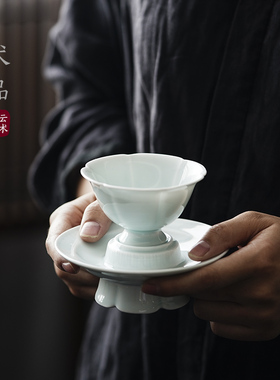 云术 景德镇手工仿宋湖田窑影青雕刻葵口茶盏 茶托盏托 功夫茶杯