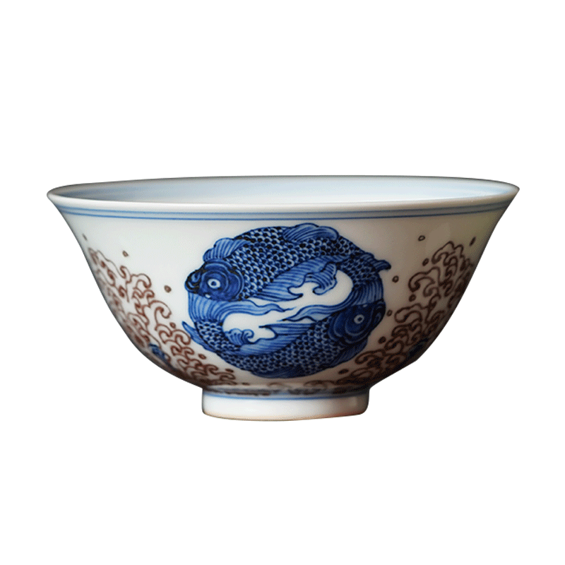 中式青花釉里红陶瓷品茗杯
