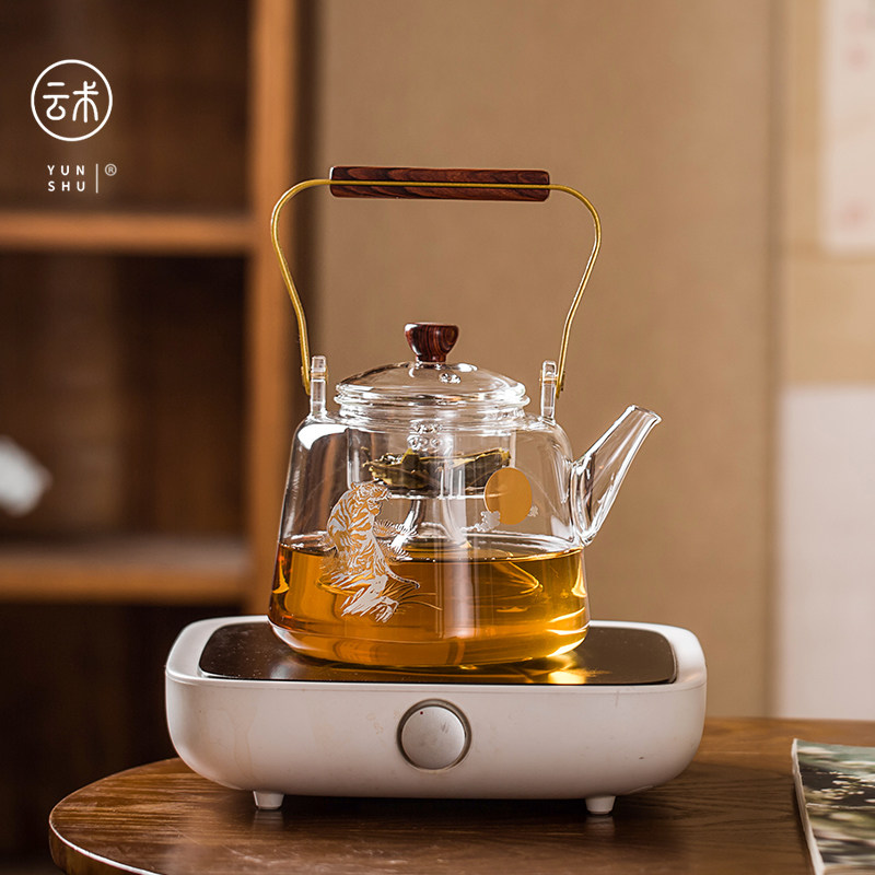 耐热玻璃蒸煮双胆煮茶壶铜把实木电陶炉专用加厚烧水壶日式茶水壶