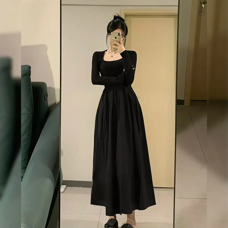 黑色法式长袖赫本风收腰长裙春季女式棉质春秋设计感连衣裙优雅