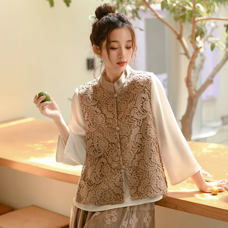 新中式蕾丝绣花立领开衫马甲女