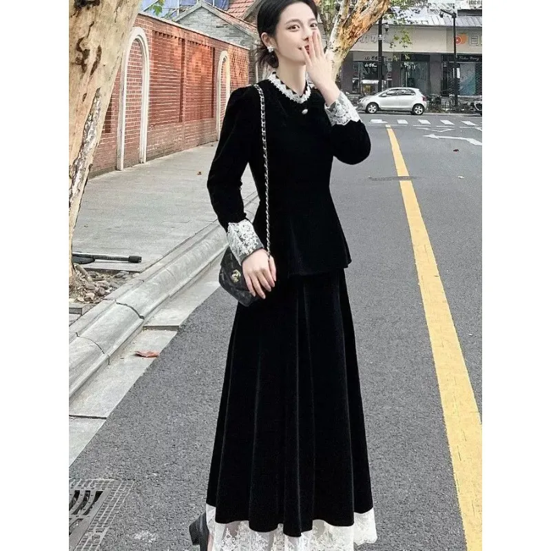 3093大码女装显瘦上衣套装胖mm金丝绒a字拼色蕾丝边半身裙两件套