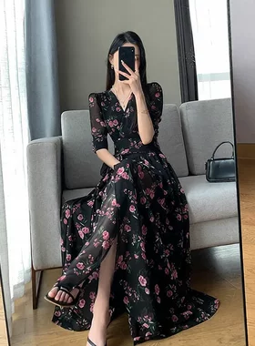 韩版印花中长款法式新款A字裙v领显瘦黑色短袖开叉淑女风复古夏季