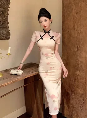 宴会晚礼服女夏装新款网红法式印花收腰显瘦网纱包臂开衩裙子