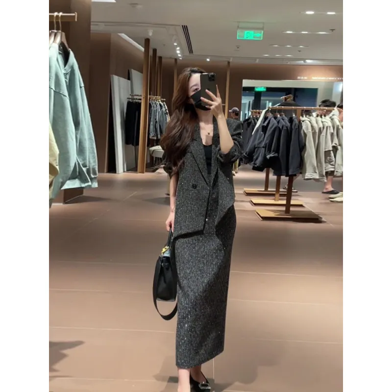 大码女装亮片西装显瘦开叉裙套装